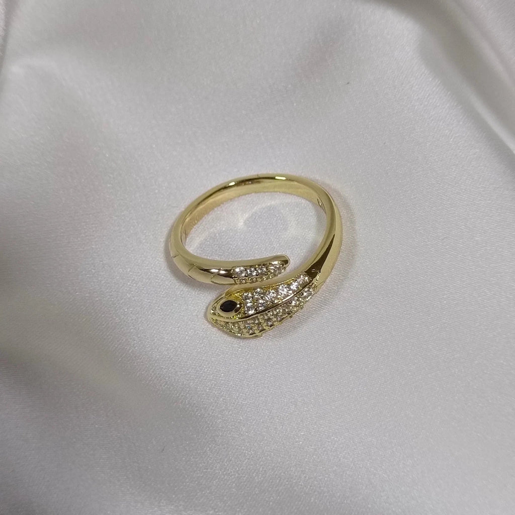 Xuping Kaliteli Paslanmaz Çelik Antialerjik Yılan Figürlü Zirkon Taşlı Gold Renk Yüzük - Zennemor